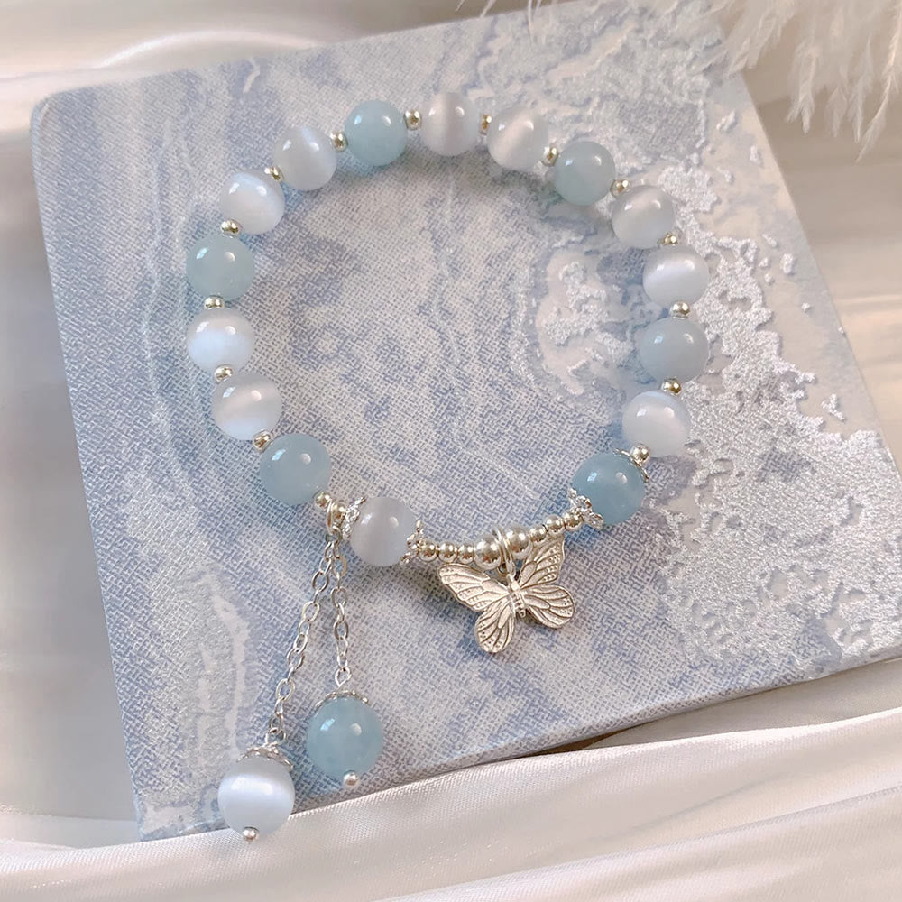 Wear FengShui Cat's Eye Aquamarine Butterfly Charm Support Bracelet