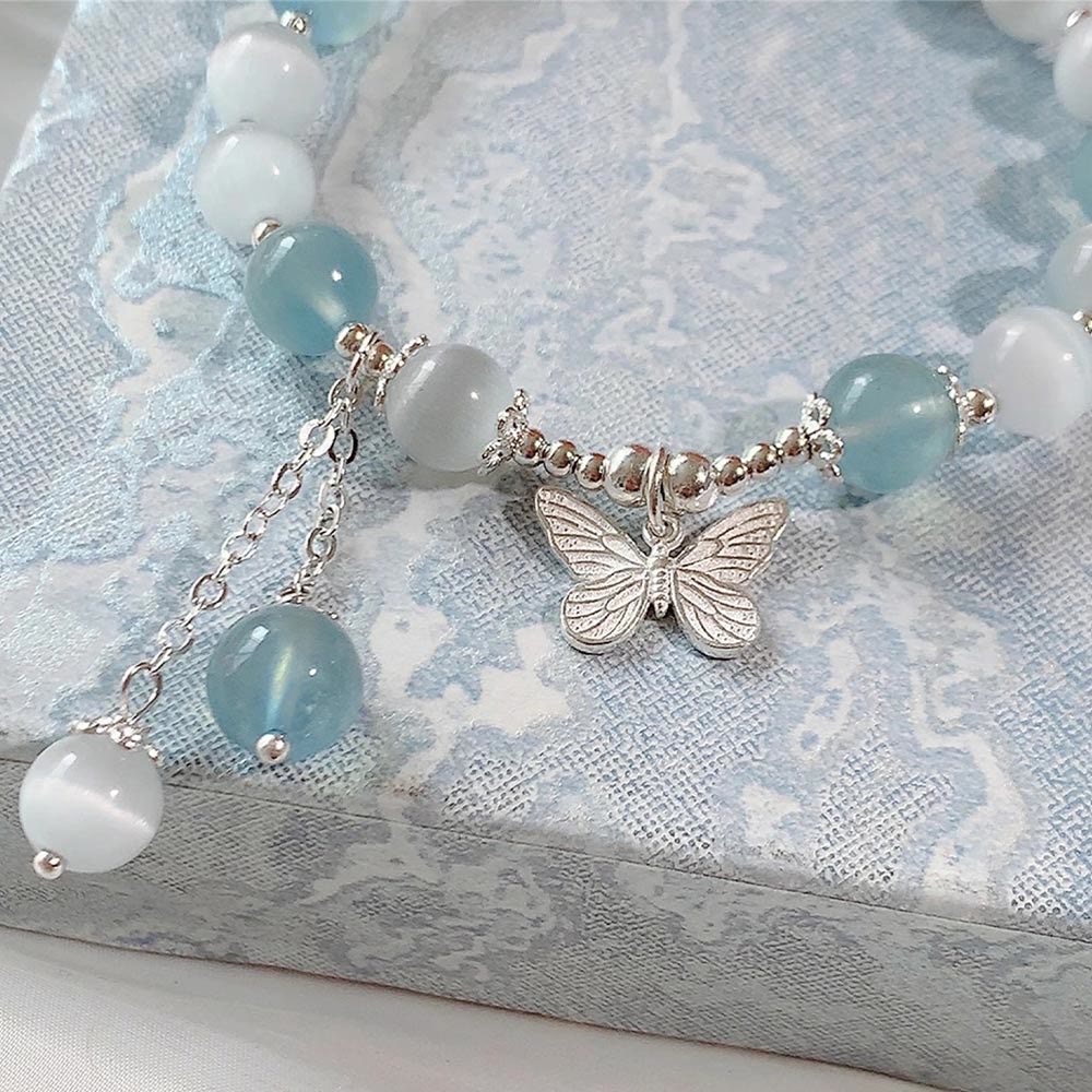 Wear FengShui Cat's Eye Aquamarine Butterfly Charm Support Bracelet