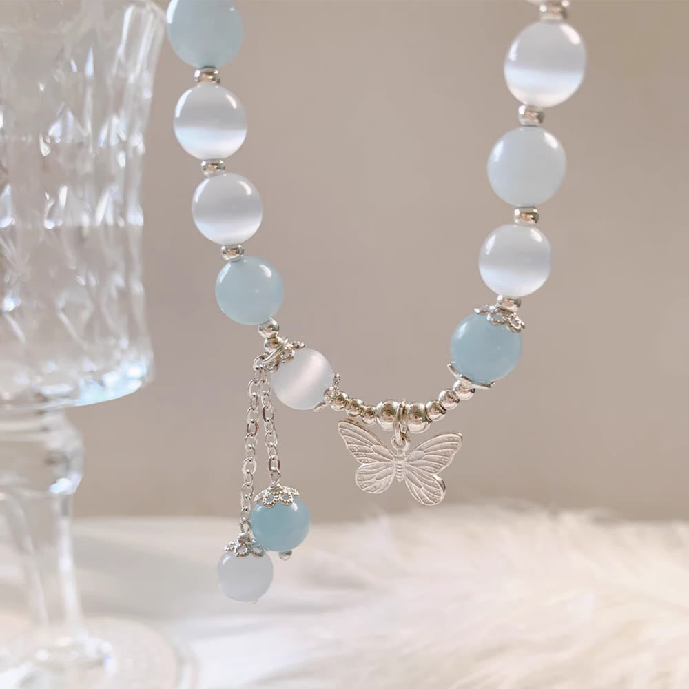 Wear FengShui Cat's Eye Aquamarine Butterfly Charm Support Bracelet