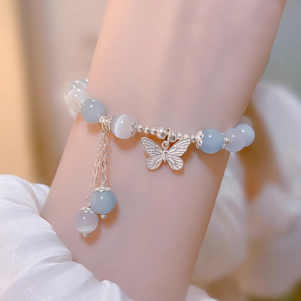 Wear FengShui Cat's Eye Aquamarine Butterfly Charm Support Bracelet