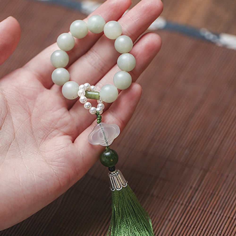 Wear FengShui Green Jade Beads Pearl Prosperity Tassels Wrist Mala