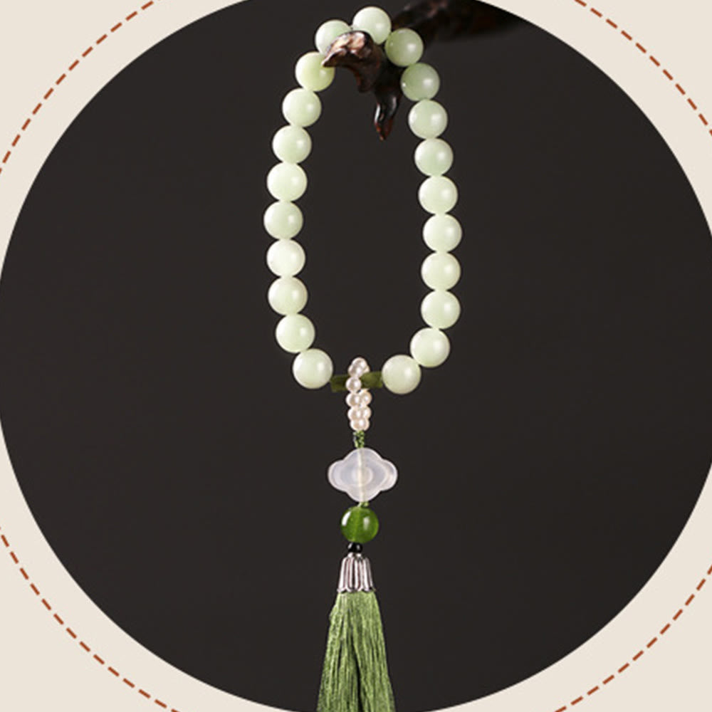 Wear FengShui Green Jade Beads Pearl Prosperity Tassels Wrist Mala