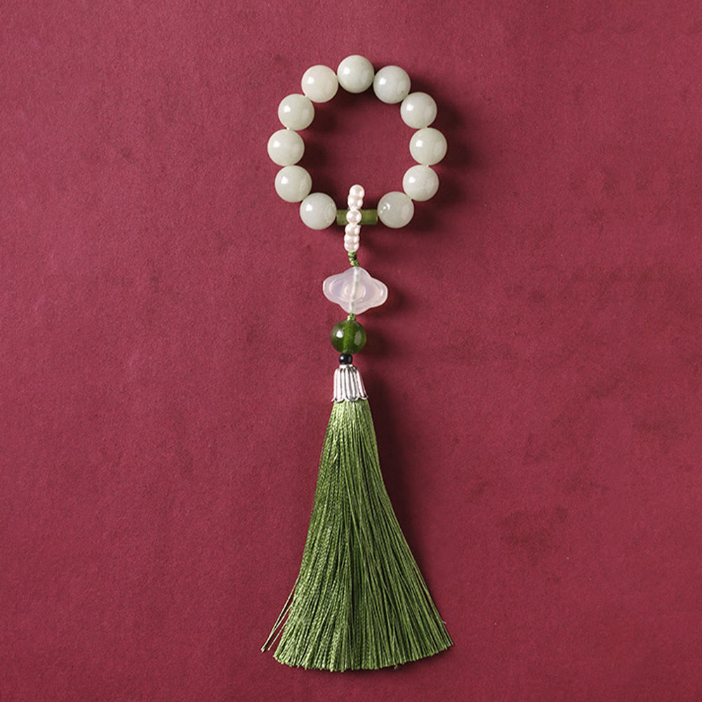 Wear FengShui Green Jade Beads Pearl Prosperity Tassels Wrist Mala