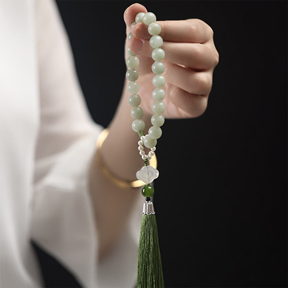 Wear FengShui Green Jade Beads Pearl Prosperity Tassels Wrist Mala