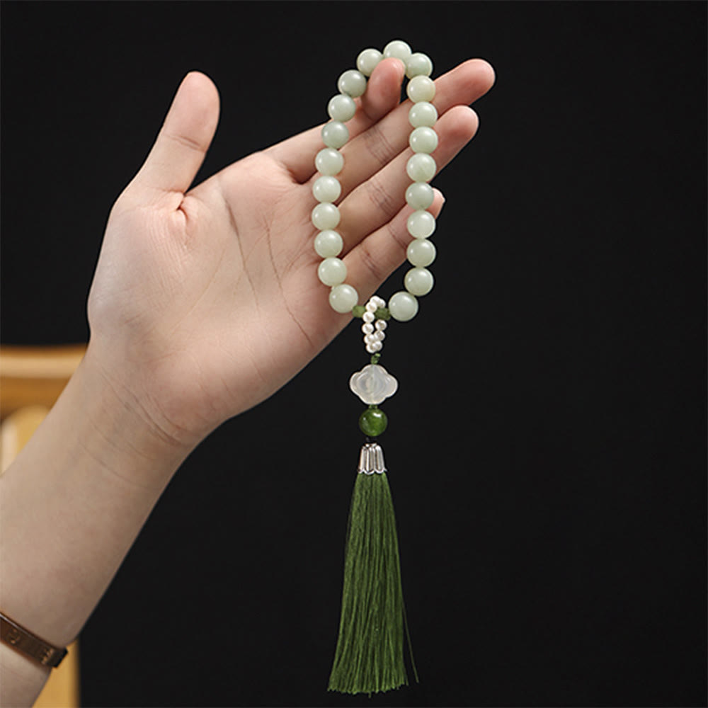 Wear FengShui Green Jade Beads Pearl Prosperity Tassels Wrist Mala