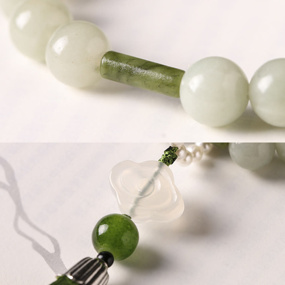 Wear FengShui Green Jade Beads Pearl Prosperity Tassels Wrist Mala