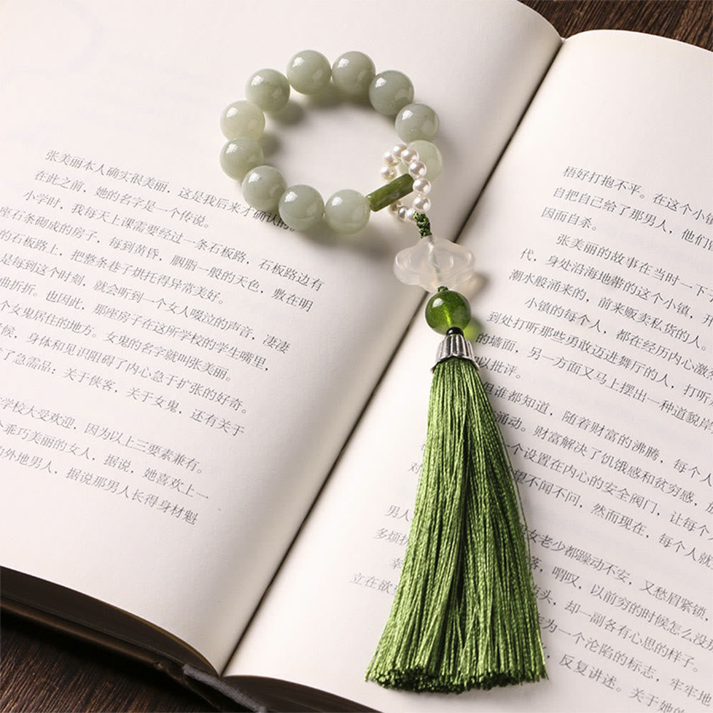 Wear FengShui Green Jade Beads Pearl Prosperity Tassels Wrist Mala