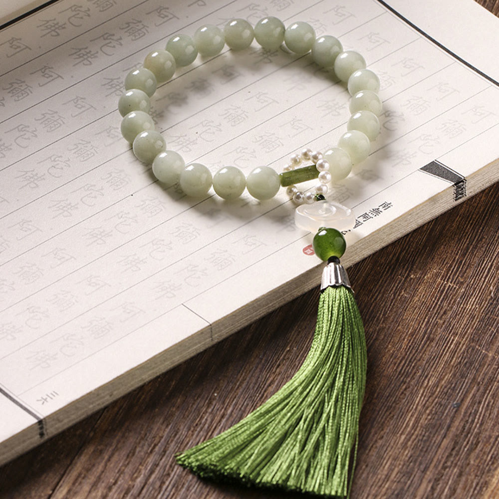 Wear FengShui Green Jade Beads Pearl Prosperity Tassels Wrist Mala