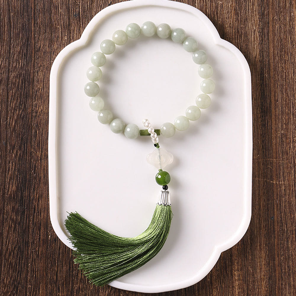 Wear FengShui Green Jade Beads Pearl Prosperity Tassels Wrist Mala