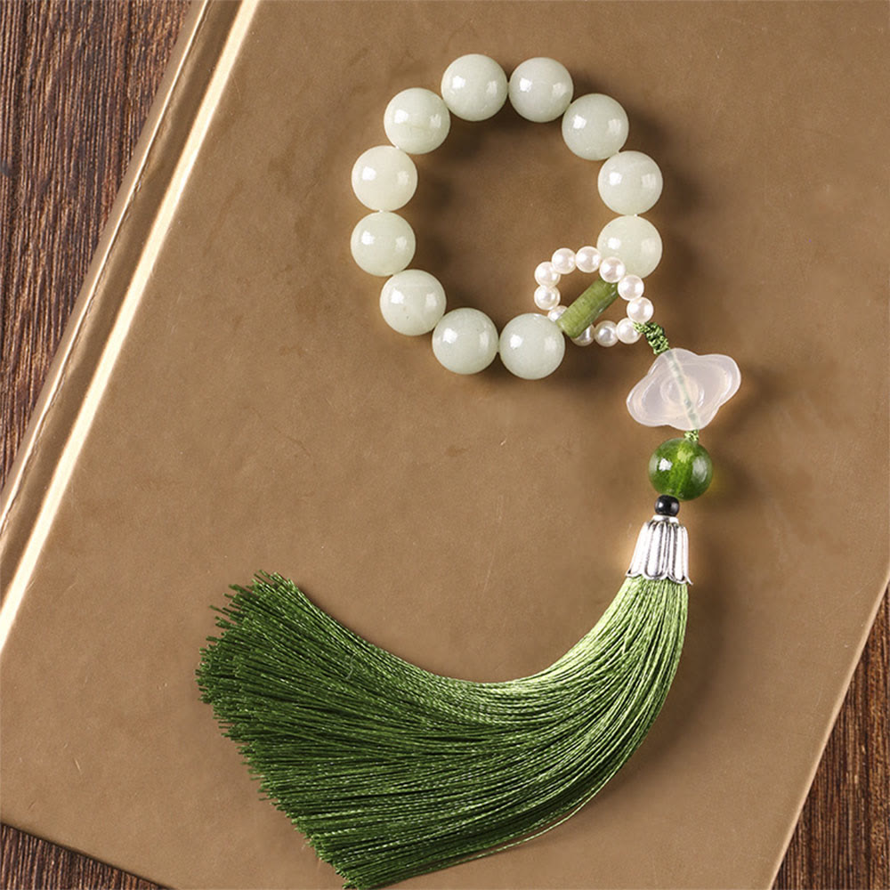 Wear FengShui Green Jade Beads Pearl Prosperity Tassels Wrist Mala