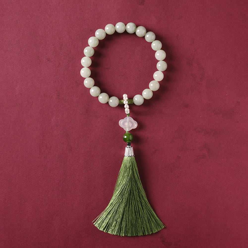 Wear FengShui Green Jade Beads Pearl Prosperity Tassels Wrist Mala
