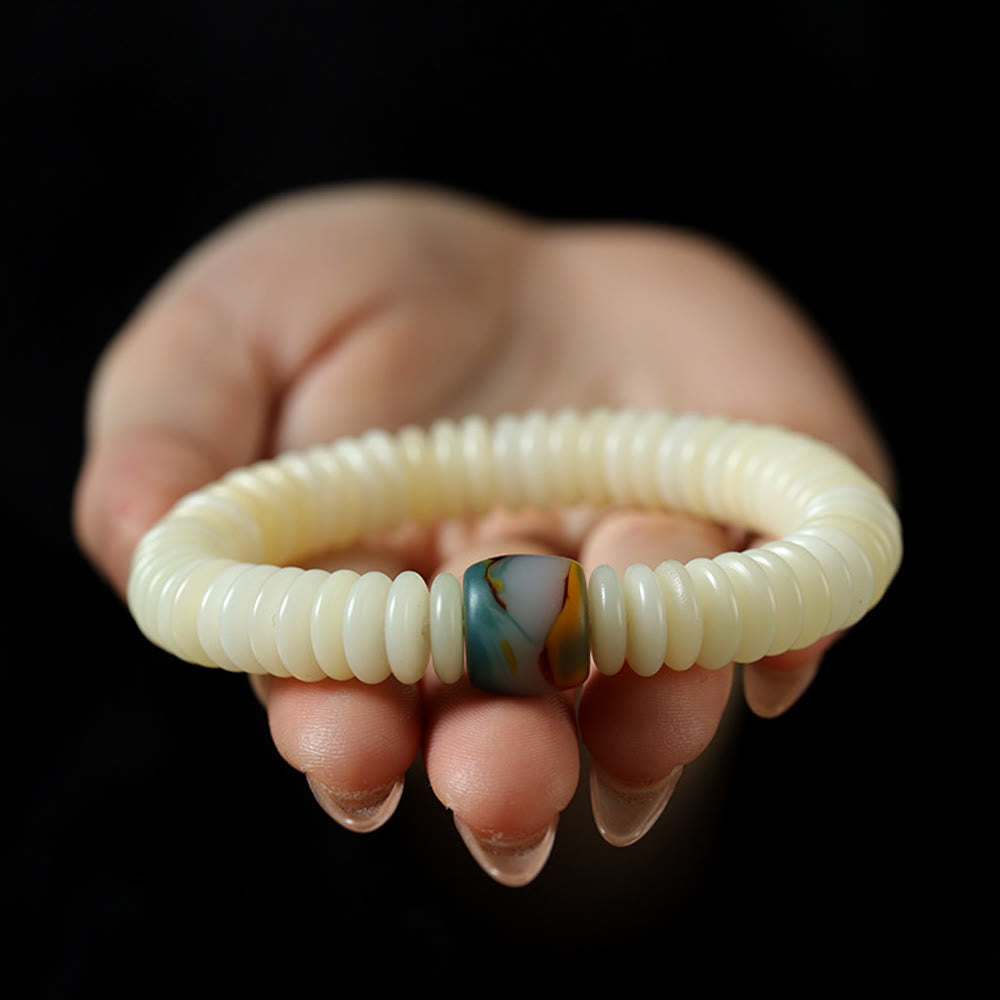 Wear FengShui Natural White Bodhi Seed Stone Wisdom Tassel Wrist Mala Bracelet