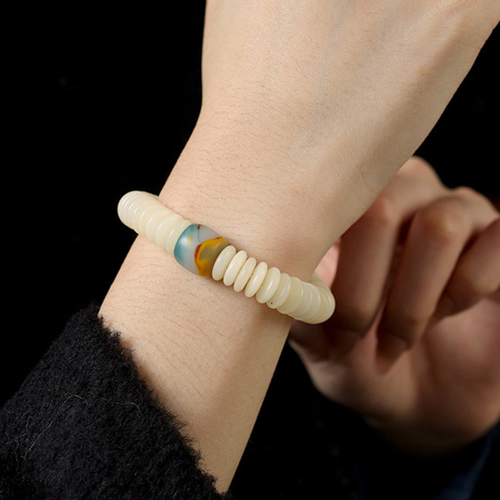 Wear FengShui Natural White Bodhi Seed Stone Wisdom Tassel Wrist Mala Bracelet