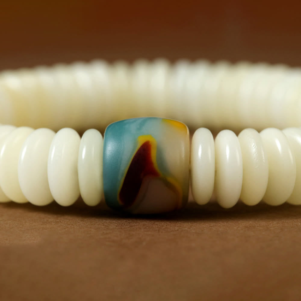 Wear FengShui Natural White Bodhi Seed Stone Wisdom Tassel Wrist Mala Bracelet