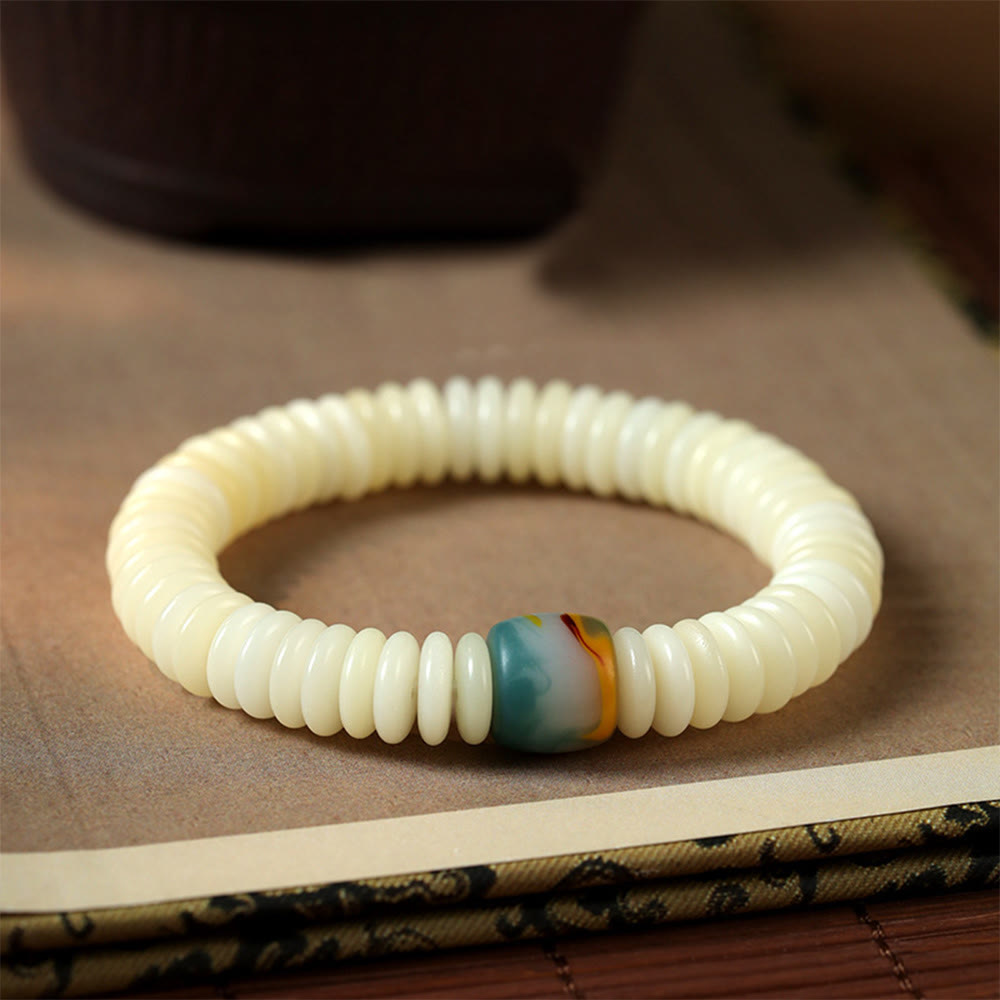 Wear FengShui Natural White Bodhi Seed Stone Wisdom Tassel Wrist Mala Bracelet