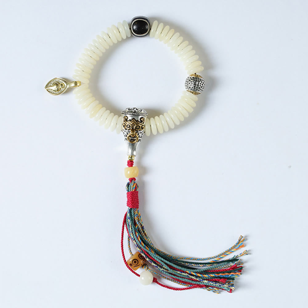 Wear FengShui Natural White Bodhi Seed Stone Wisdom Tassel Wrist Mala Bracelet