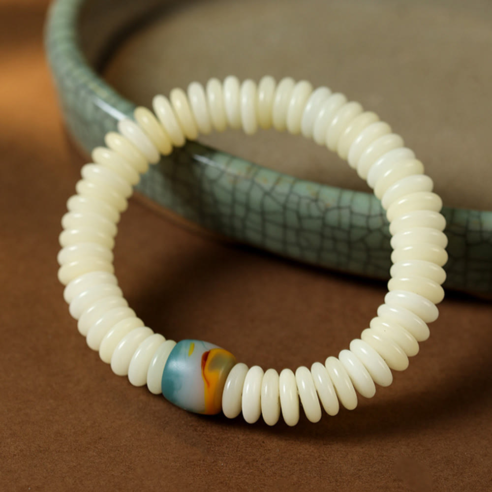 Wear FengShui Natural White Bodhi Seed Stone Wisdom Tassel Wrist Mala Bracelet