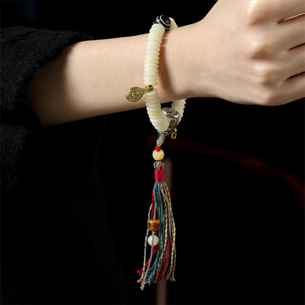 Wear FengShui Natural White Bodhi Seed Stone Wisdom Tassel Wrist Mala Bracelet