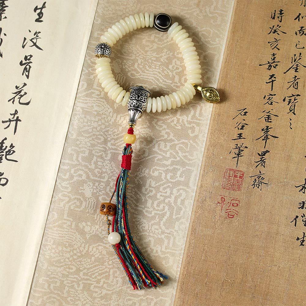 Wear FengShui Natural White Bodhi Seed Stone Wisdom Tassel Wrist Mala Bracelet