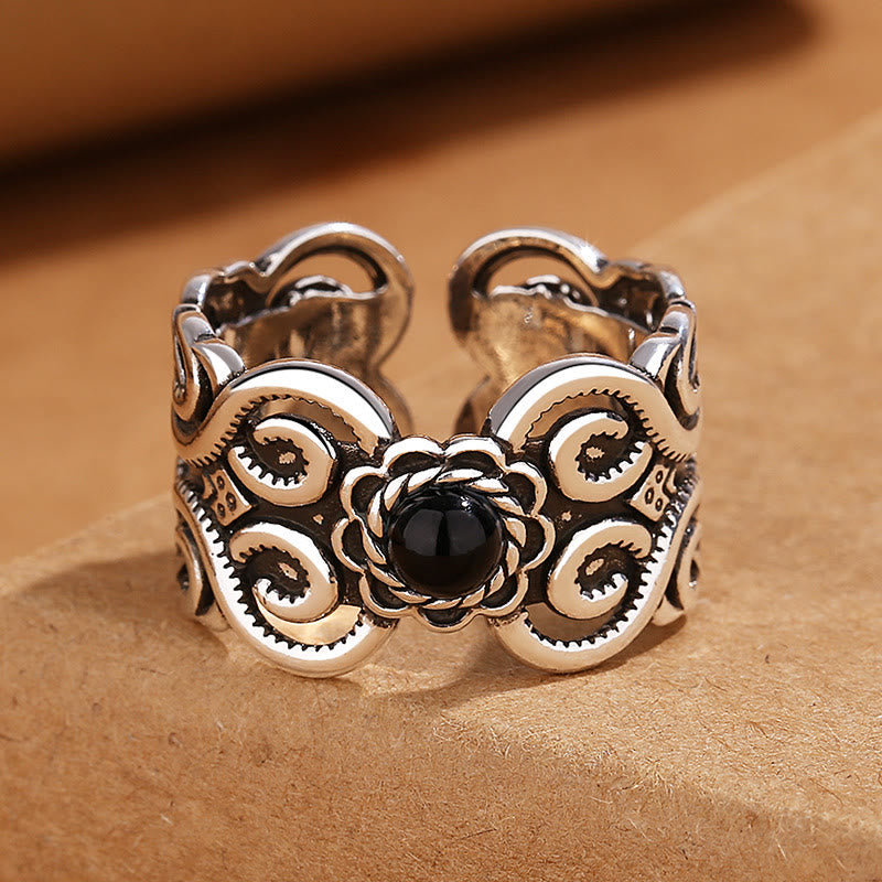 Wear FengShui Black Onyx Copper Mongolian Pattern Adjustable Fortune Ring