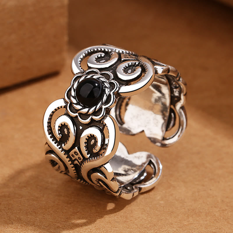 Wear FengShui Black Onyx Copper Mongolian Pattern Adjustable Fortune Ring