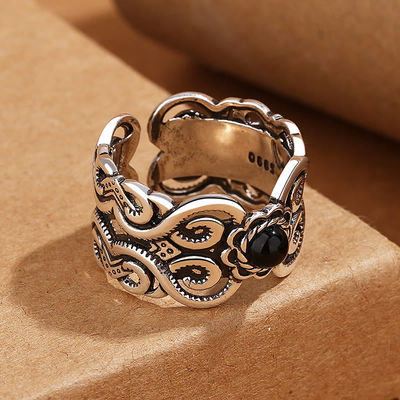 Wear FengShui Black Onyx Copper Mongolian Pattern Adjustable Fortune Ring