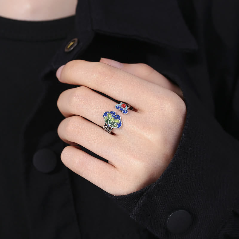 Wear FengShui Lotus Flower Copper Coins Ruyi Handle Pattern Enlightenment Adjustable Ring