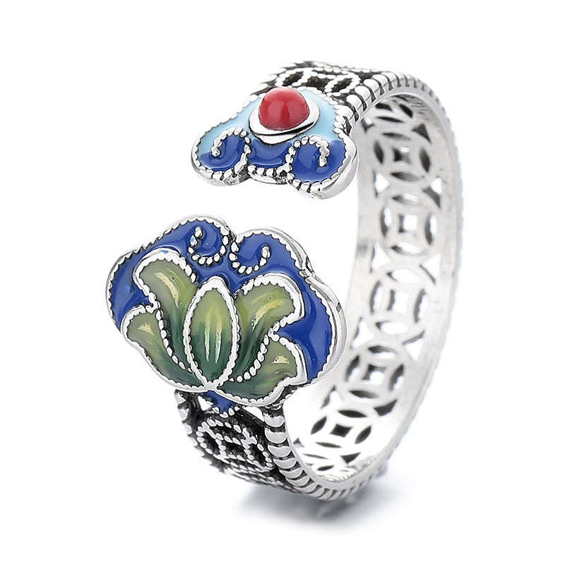 Wear FengShui Lotus Flower Copper Coins Ruyi Handle Pattern Enlightenment Adjustable Ring