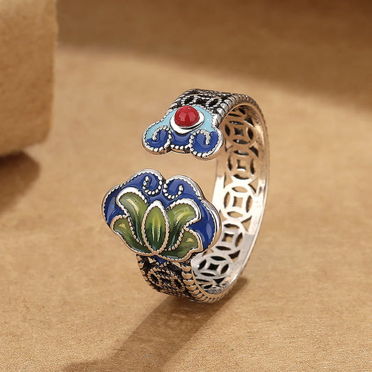 Wear FengShui Lotus Flower Copper Coins Ruyi Handle Pattern Enlightenment Adjustable Ring