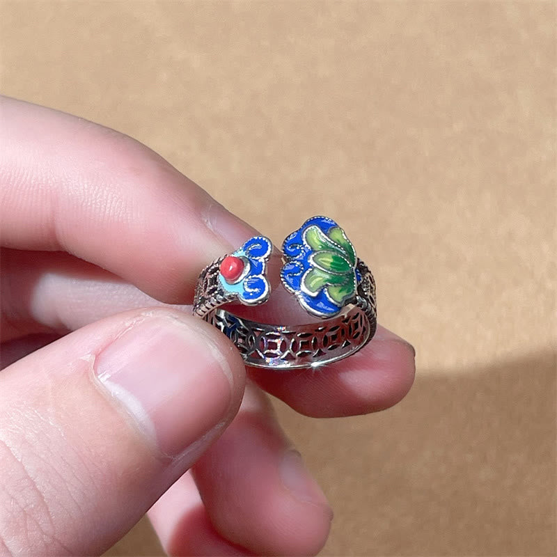 Wear FengShui Lotus Flower Copper Coins Ruyi Handle Pattern Enlightenment Adjustable Ring