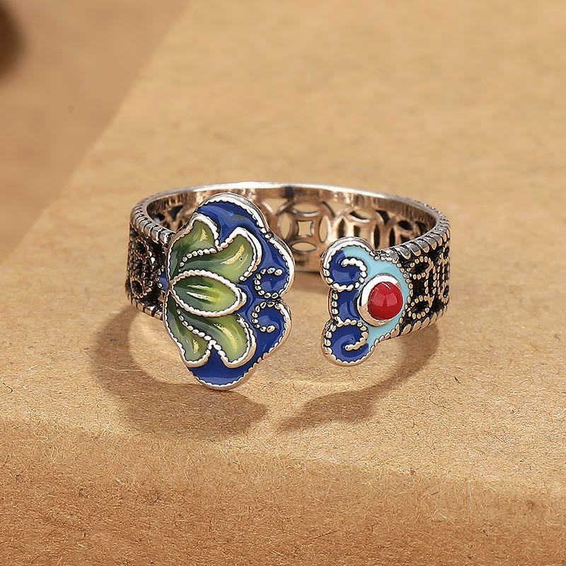 Wear FengShui Lotus Flower Copper Coins Ruyi Handle Pattern Enlightenment Adjustable Ring