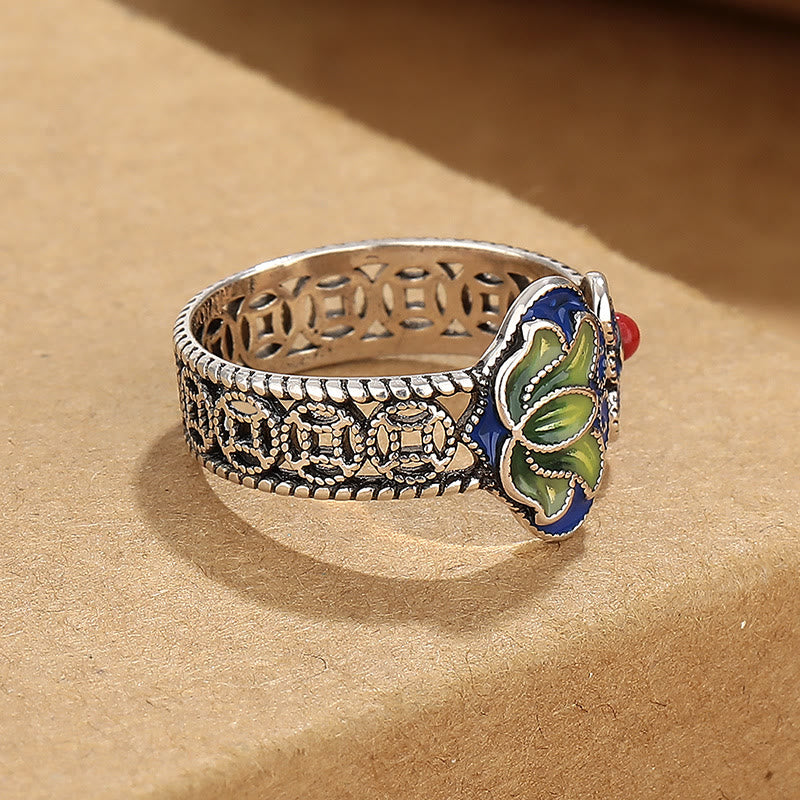 Wear FengShui Lotus Flower Copper Coins Ruyi Handle Pattern Enlightenment Adjustable Ring