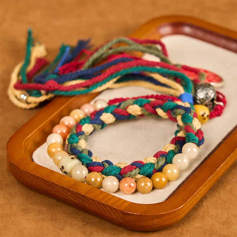 Wear FengShui Tibetan Mountain Ghosts Spend Money Colorful Chalcedony Double-Layer Colored Rope Tassel Positive Bracelet