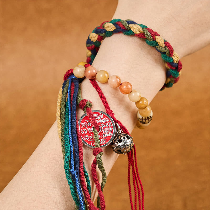 Wear FengShui Tibetan Mountain Ghosts Spend Money Colorful Chalcedony Double-Layer Colored Rope Tassel Positive Bracelet