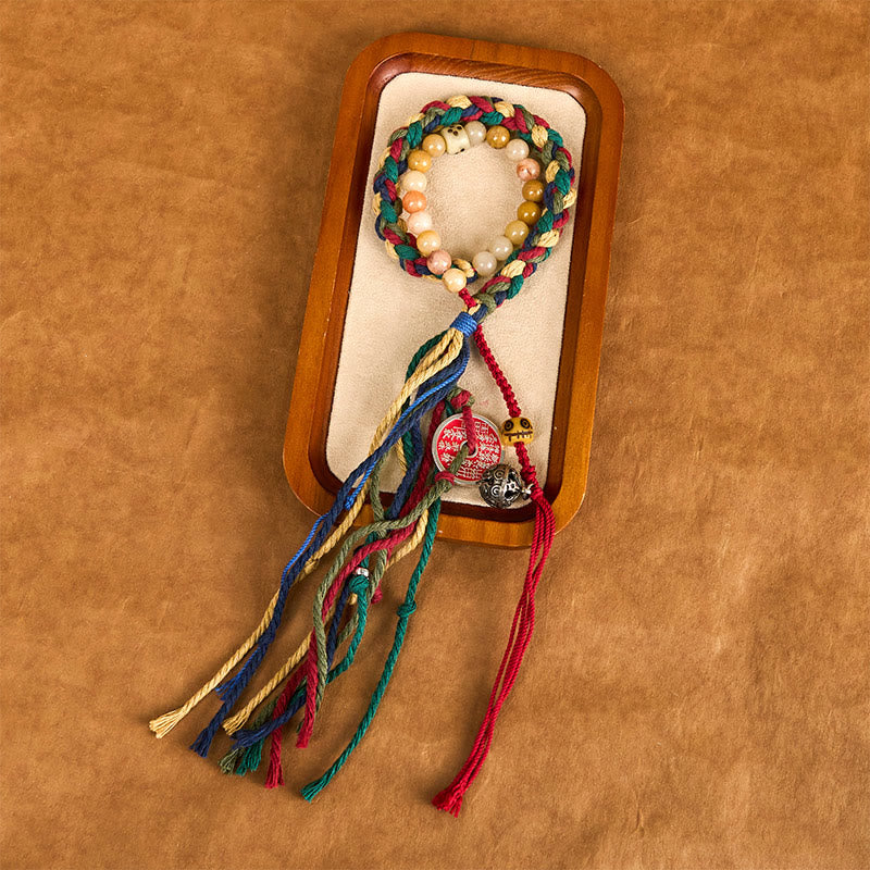 Wear FengShui Tibetan Mountain Ghosts Spend Money Colorful Chalcedony Double-Layer Colored Rope Tassel Positive Bracelet