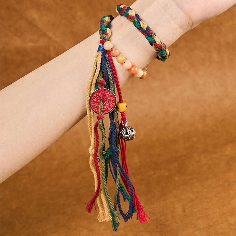 Wear FengShui Tibetan Mountain Ghosts Spend Money Colorful Chalcedony Double-Layer Colored Rope Tassel Positive Bracelet