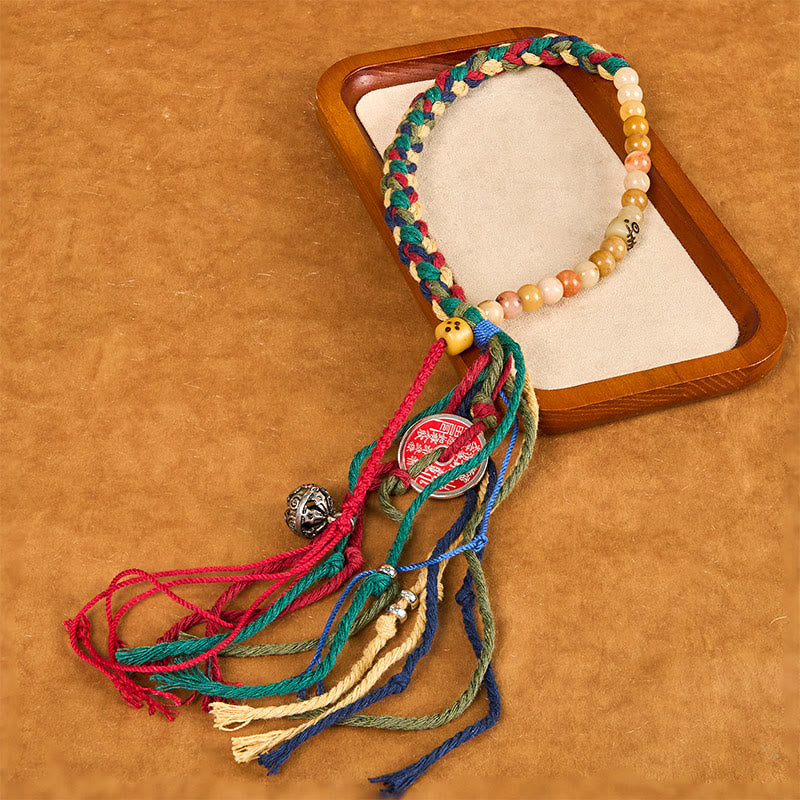 Wear FengShui Tibetan Mountain Ghosts Spend Money Colorful Chalcedony Double-Layer Colored Rope Tassel Positive Bracelet