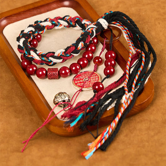Wear FengShui Tibetan Mountain Ghosts Spend Money Cinnabar Double-Layer Red Rope Tassel Protection Bracelet