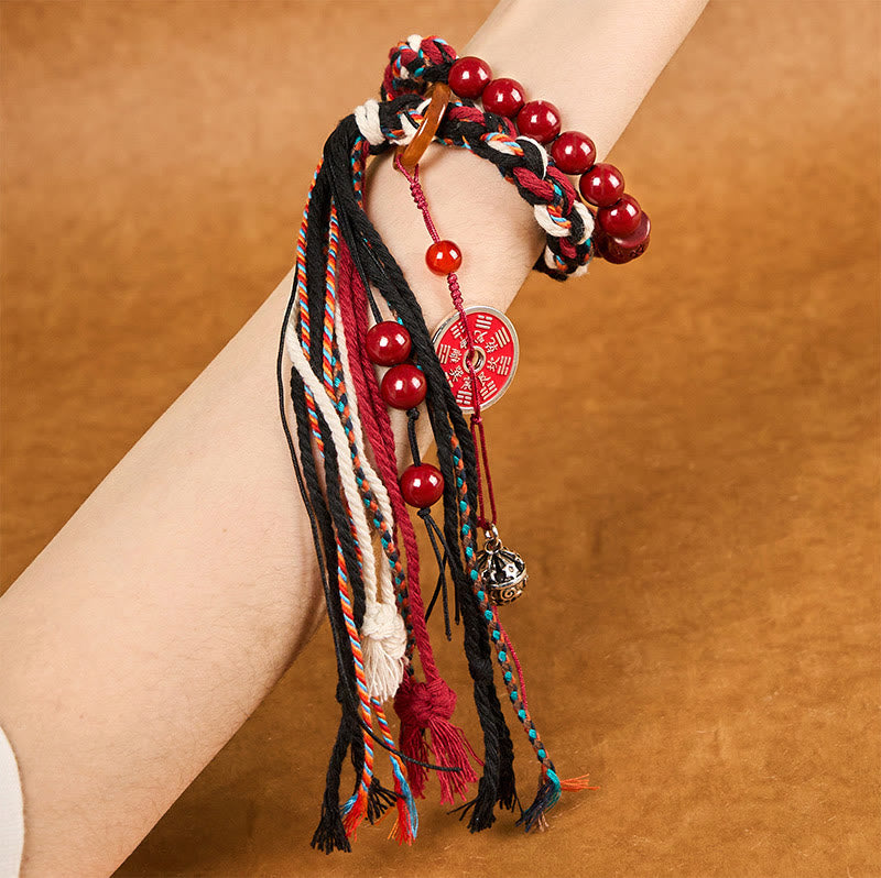 Wear FengShui Tibetan Mountain Ghosts Spend Money Cinnabar Double-Layer Red Rope Tassel Protection Bracelet