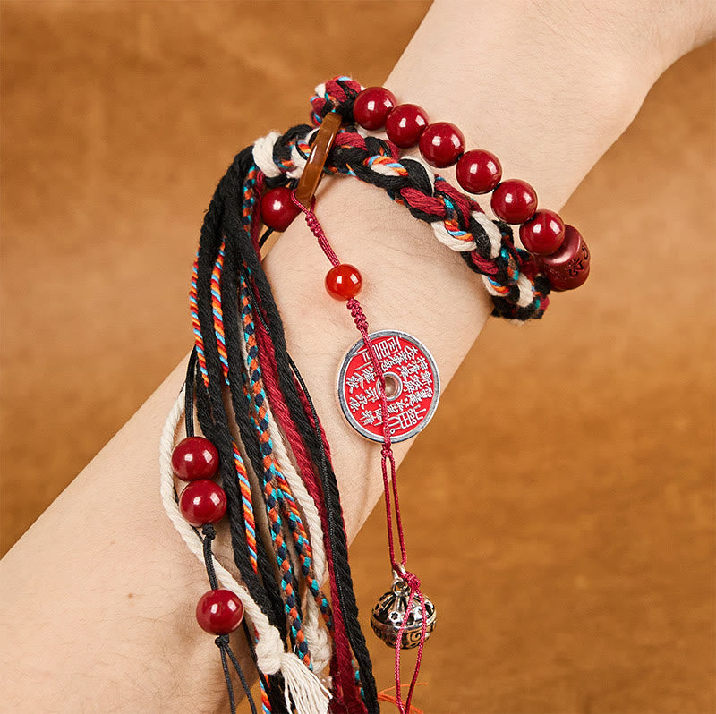 Wear FengShui Tibetan Mountain Ghosts Spend Money Cinnabar Double-Layer Red Rope Tassel Protection Bracelet
