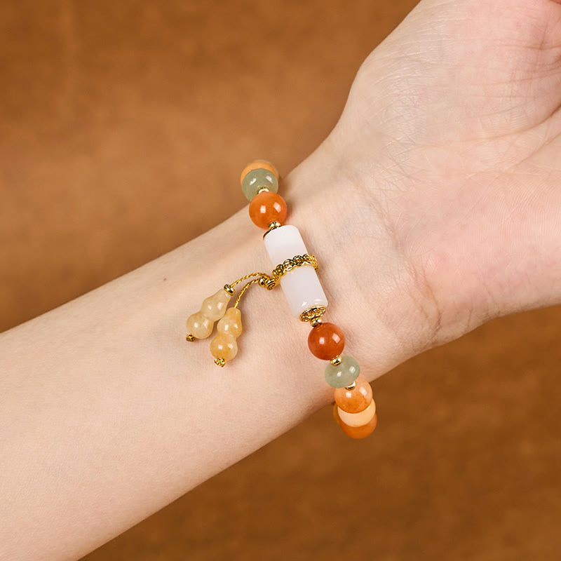 Wear FengShui Golden Silk Jade Beads Gourd White Crystal Wealth Luck Bracelet