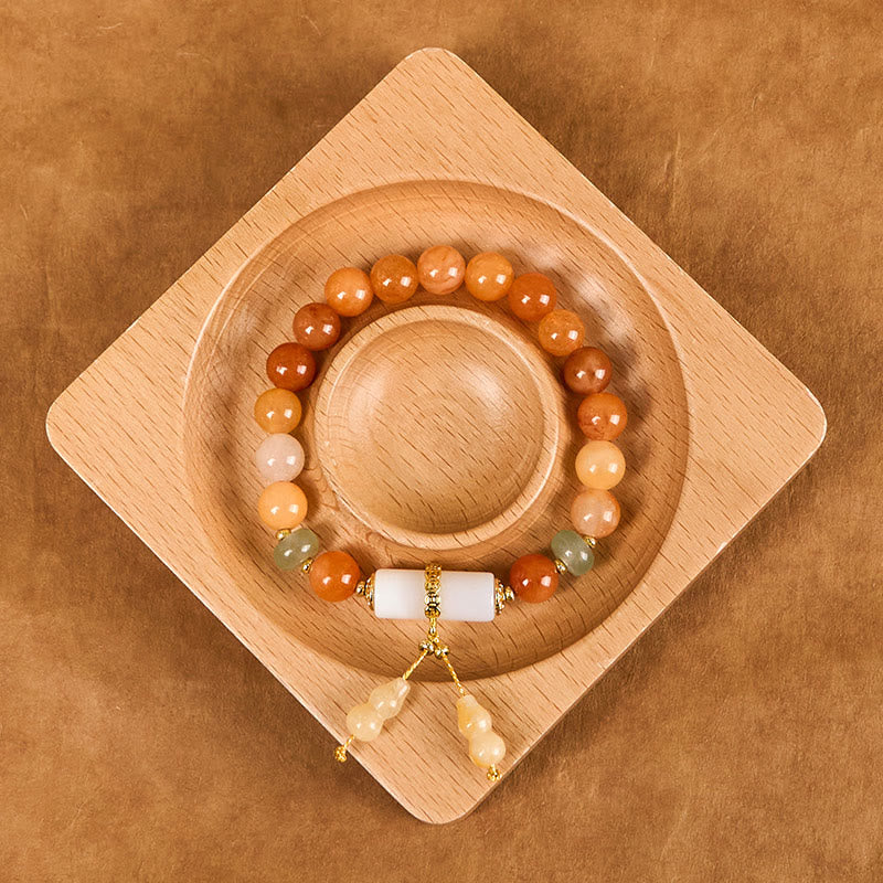 Wear FengShui Golden Silk Jade Beads Gourd White Crystal Wealth Luck Bracelet