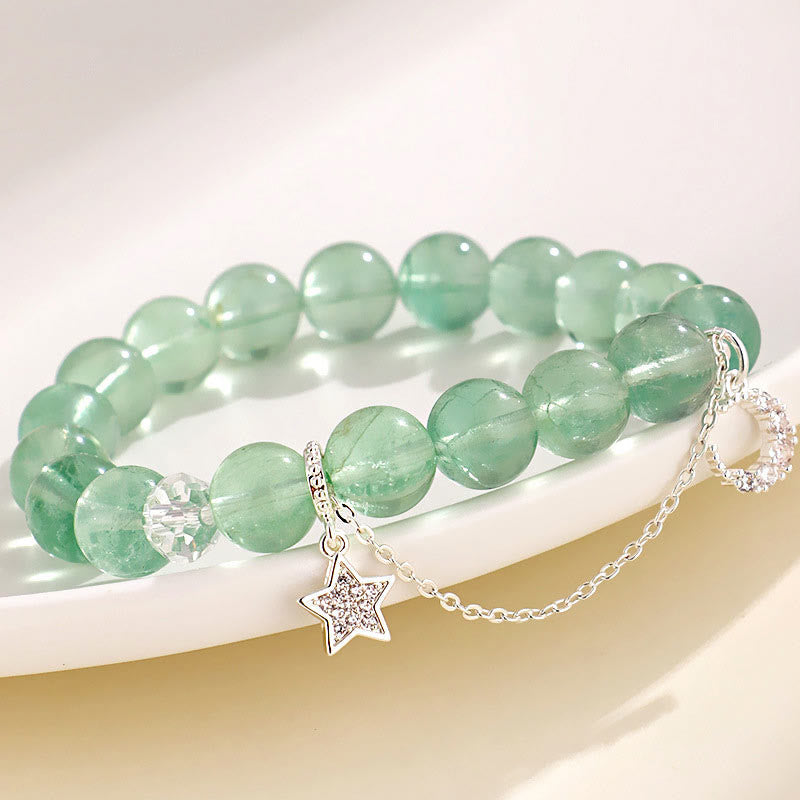 Wear FengShui Green Fluorite Beads Moon Star Peace Bracelet
