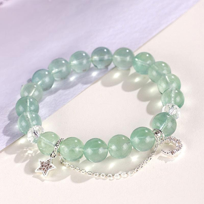 Wear FengShui Green Fluorite Beads Moon Star Peace Bracelet
