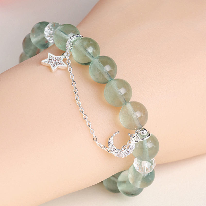 Wear FengShui Green Fluorite Beads Moon Star Peace Bracelet