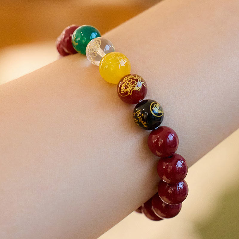 Wear FengShui Cinnabar Agate Five Directions Gods Of Wealth Blessing Bracelet