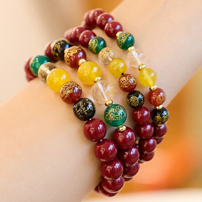 Wear FengShui Cinnabar Agate Five Directions Gods Of Wealth Blessing Bracelet