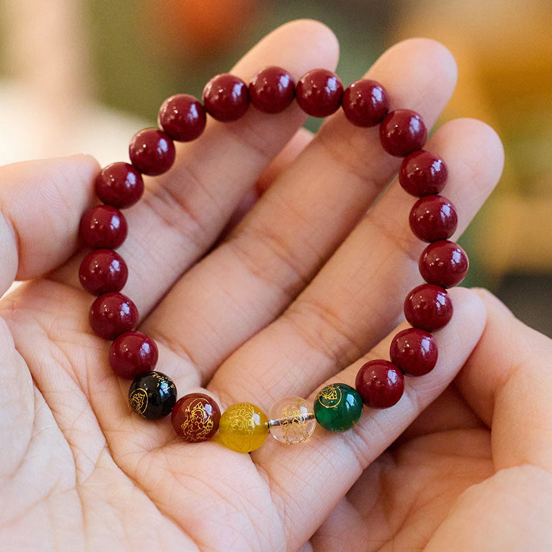 Wear FengShui Cinnabar Agate Five Directions Gods Of Wealth Blessing Bracelet