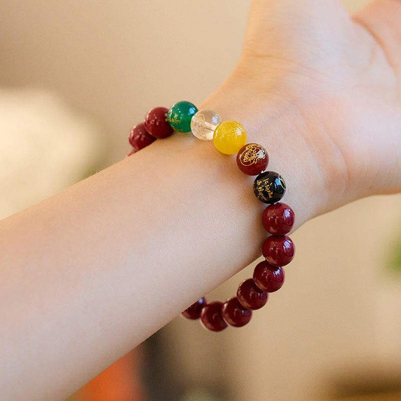 Wear FengShui Cinnabar Agate Five Directions Gods Of Wealth Blessing Bracelet