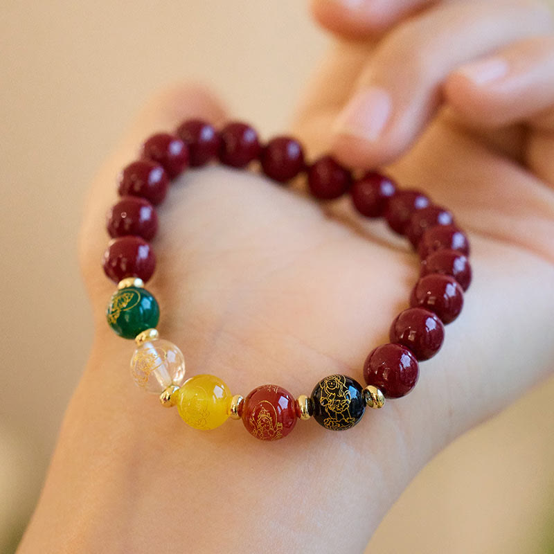 Wear FengShui Cinnabar Agate Five Directions Gods Of Wealth Blessing Bracelet
